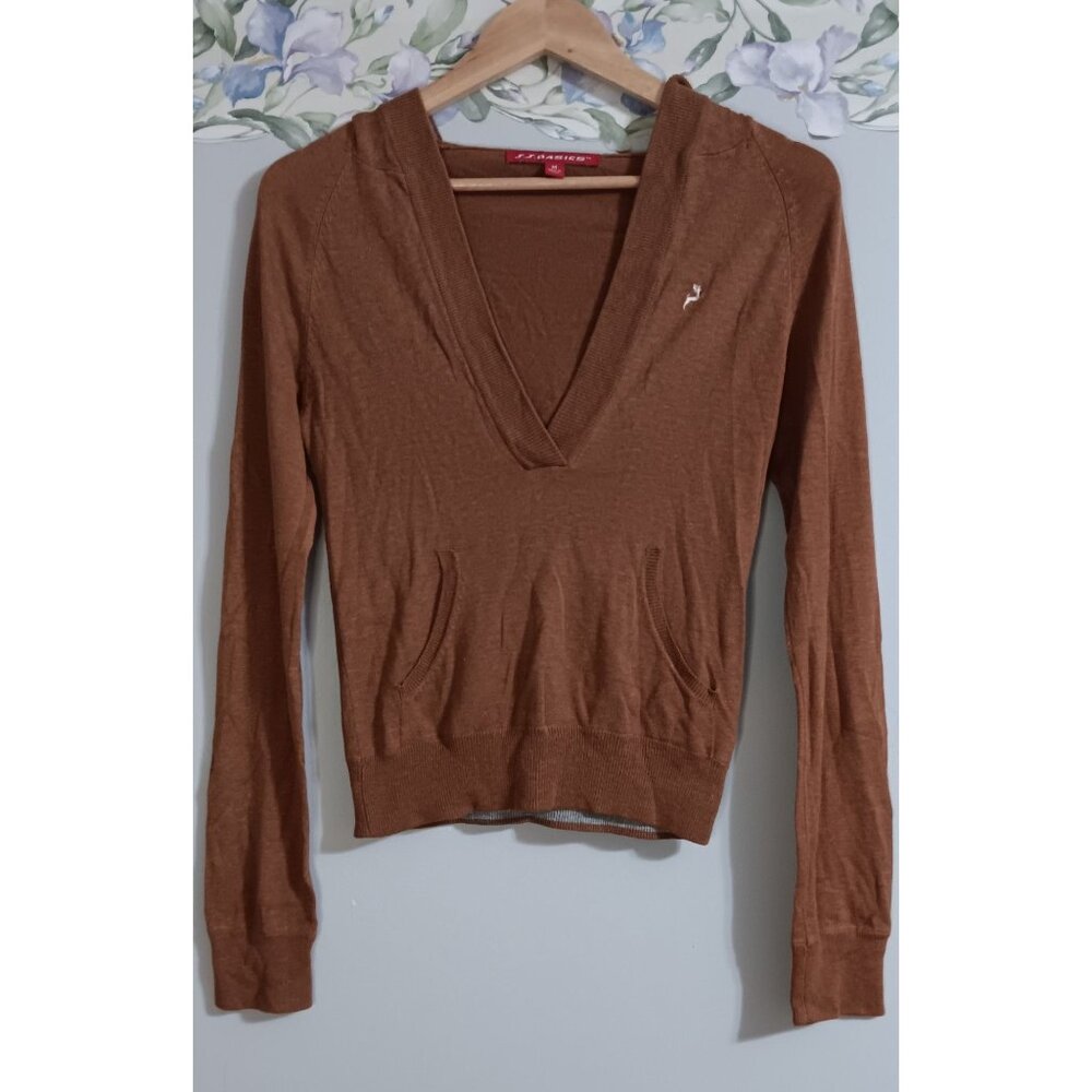 JJ Basics Medium Brown Pullover Hooded Lightweight Y2K Retro Casual Pocket Top